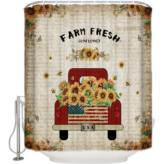 Polyester Fabric Shower Curtain, Red Truck Load of Sunflowers on Vintage Newspaper Background, Waterproof Bathtub Curtain Bathroom Decor Set with Hooks 48 x 72 Inches