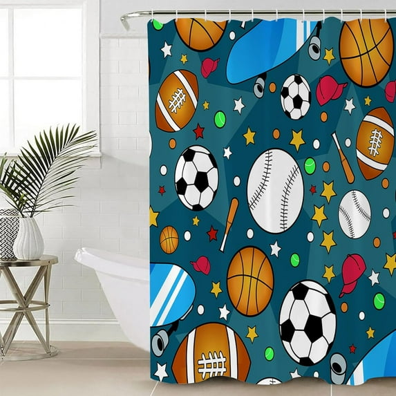 Polyester Fabric Sports Shower Curtain, Basketball Football Rugby Skateboard Teal Star, Waterproof Bathtub Curtain Bathroom Decor Set with Hooks 48 x 72 Inches,