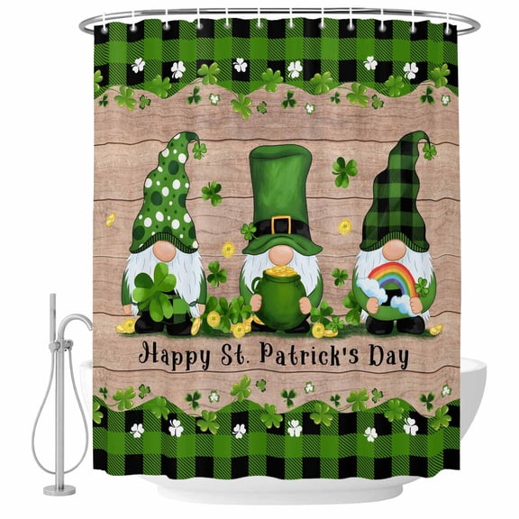 Polyester Fabric St. Patrick's Day Shower Curtain, Green Shamrocks Gnomes Gold Coin Wood Waterproof Bathtub Curtain Bathroom Decor Set with Hooks 36 x 72 Inches