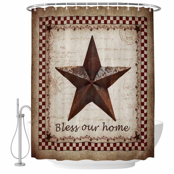 Polyester Fabric Texas Star Vintage Shower Curtain, Bless Our Home Western Stars Country Waterproof Bathtub Curtain Bathroom Decor Set with Hooks 36 x 72 Inches