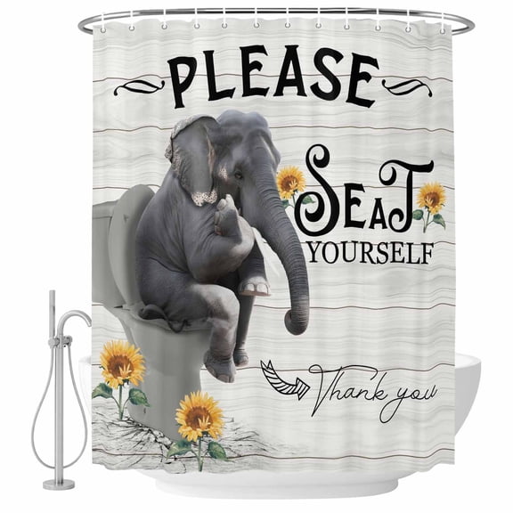 Polyester Fabric Toilet Elephant Shower Curtain, Funny Animal Sunflower Oil Painting Waterproof Bathtub Curtain Bathroom Decor Set with Hooks 36 x 72 Inches