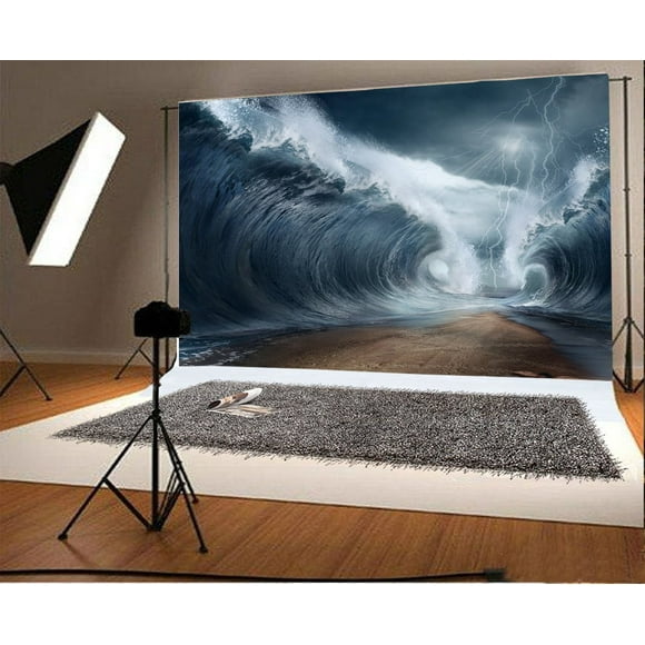 Polyester Fabric Tsunami Backdrop 7x5ft Surge Lightning Sea Landscape Portraits Party Decoration Wallpaper Adult Students Research Play Stage Photos Children Kids Digital Video Studio Props