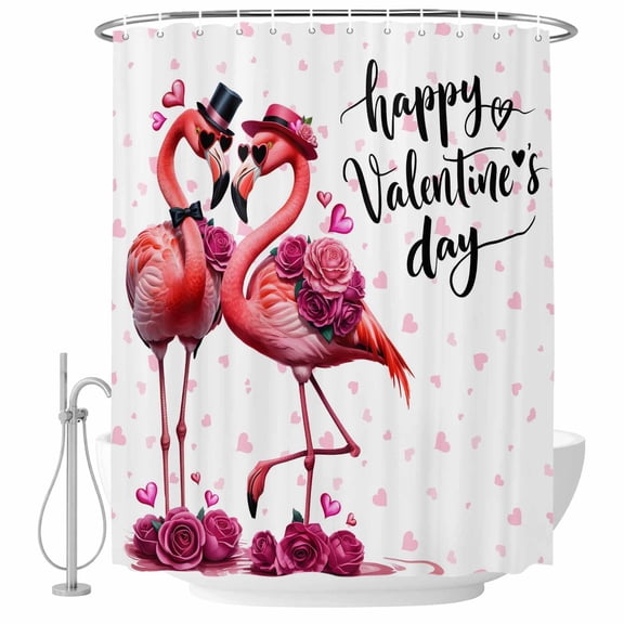 Polyester Fabric Valentine's Day Shower Curtain, Red Flamingos Roses Love Romance White Waterproof Bathtub Curtain Bathroom Decor Set with Hooks 36 x 72 Inches