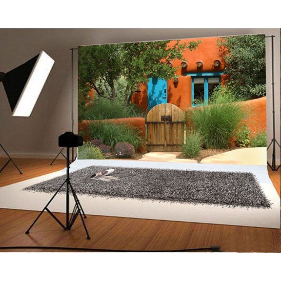 Polyester Fabric Villa Backdrop 7x5ft Photography Backdrop Courtyard Red Wall Wooden Door Green Trees Grass Flowers Photos Video Studio Props