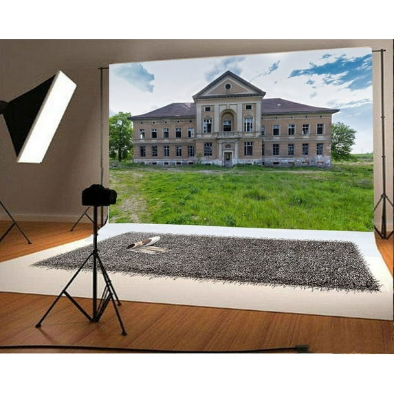Polyester Fabric Villa Backdrop 7x5ft Photography Backdrop European House Manor Arch Window Building Grass Land Green Trees Photos Video Studio Props