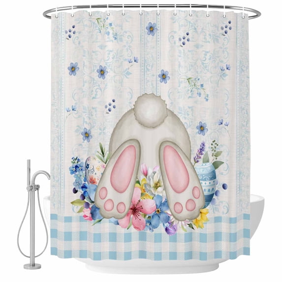 Polyester Fabric Vintage Easter Shower Curtain, Spring Floral Bunny Blue Plaid Retro Art Waterproof Bathtub Curtain Bathroom Decor Set with Hooks 72 x 78 Inches