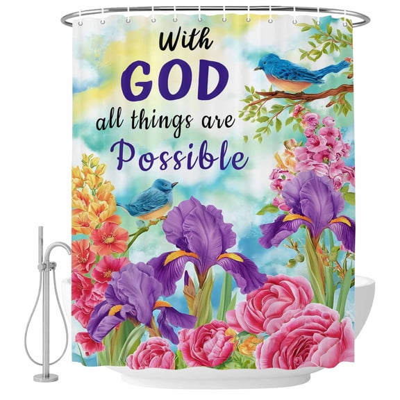 Polyester Fabric Watercolor Floral Shower Curtain, with God All Things Are Possible Waterproof Bathtub Curtain Bathroom Decor Set with Hooks 36 x 72 Inches