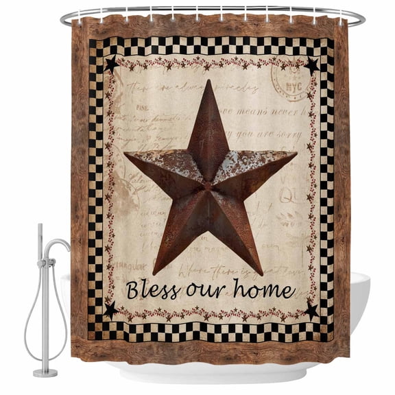 Polyester Fabric Western Star Brown Shower Curtain, Texas Stars Retro Farmhouse Buffalo Plaid Waterproof Bathtub Curtain Bathroom Decor Set with Hooks 72 x 72 Inches