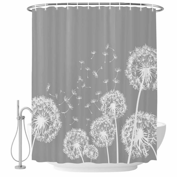 Polyester Fabric White Dandelion Shower Curtain, Spring Plants Flowers Vintage Gray Waterproof Bathtub Curtain Bathroom Decor Set with Hooks 66 x 72 Inches