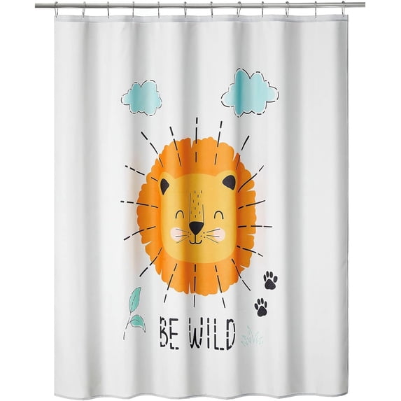 Polyester Fabric Be Wild Lion Print Shower Curtain with Reinforced Buttonholes for Kid''s, Master, and Guest Bathroom, Machine Washable & Water Resistant, 72" x 72", White/Black Multi
