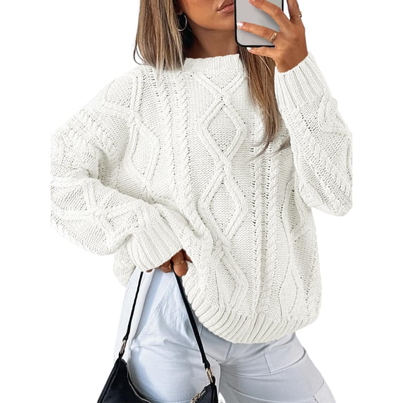 Polyester Fabric Women's Oversized Cable Knit Sweater Elegant Round Neck Design Warm And Comfortable Wear