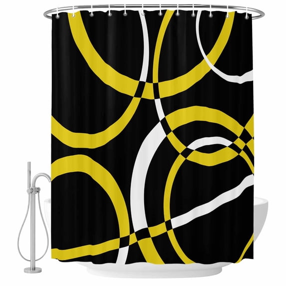 Polyester Fabric Yellow Geometric Shower Curtain, Modern Abstract Simple Lines Black Waterproof Bathtub Curtain Bathroom Decor Set with Hooks 72 x 72 Inches