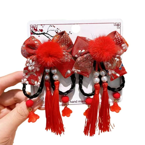 Polyester Fiber Chinese New Year Hair Clips with Tassel Decoration for Baby Girls