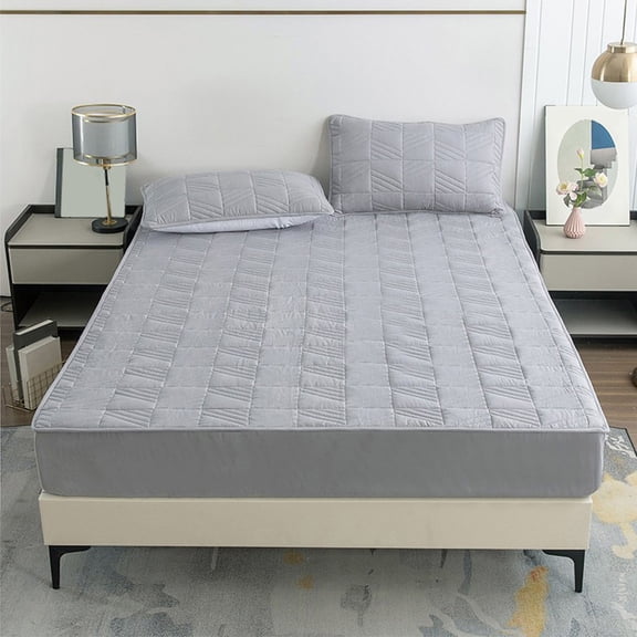 Polyester Fitted Sheet 150cm Grey Washed Cotton Quilted Fitted Sheet Non-Slip Breathable Thickened Dustproof Bed Cover(1Pcs) JASKFLY