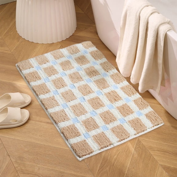 Polyester Floor Mats 40x60cm Checkered Bathroom Mat Absorbent Non-Slip Floor Rug for Bathroom Living Room and Entrance(1Pcs) Rkxzt