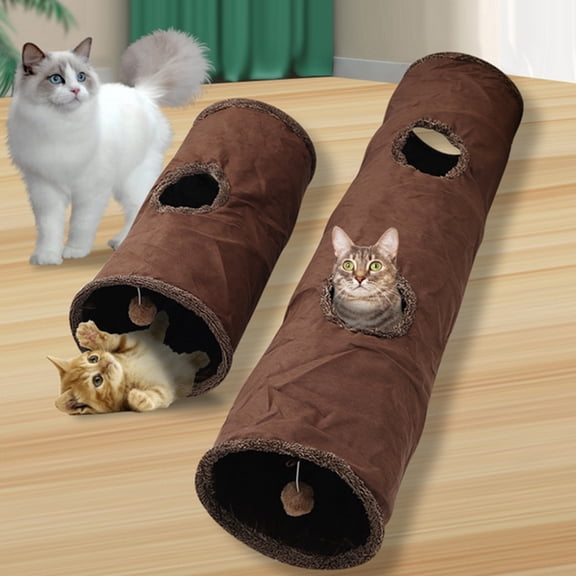 Polyester Foldable Suede Cat Tunnel Toy Straight Channel for Indoor Cats Exercise and Hide Coffee 125x29x29cm
