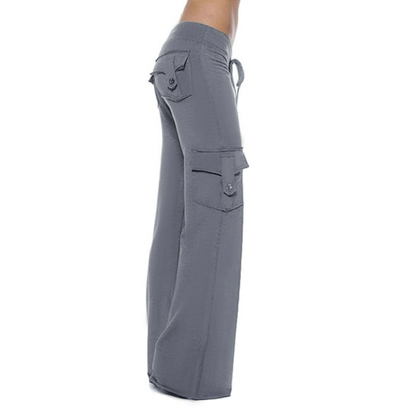 Polyester Full-Length Yoga Cargo Pants for Women Gray Leisure Weekend Elastic Waist Casual Joggers Pockets Wide Leg S