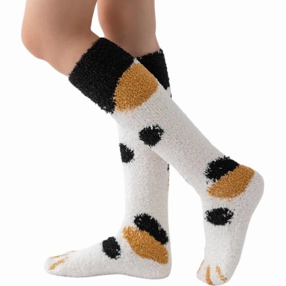 Polyester Fuzzy Cat Paw Calf Socks for Women: Warm, Comfortable and Non-Slip for Home, Office or On-the-Go
