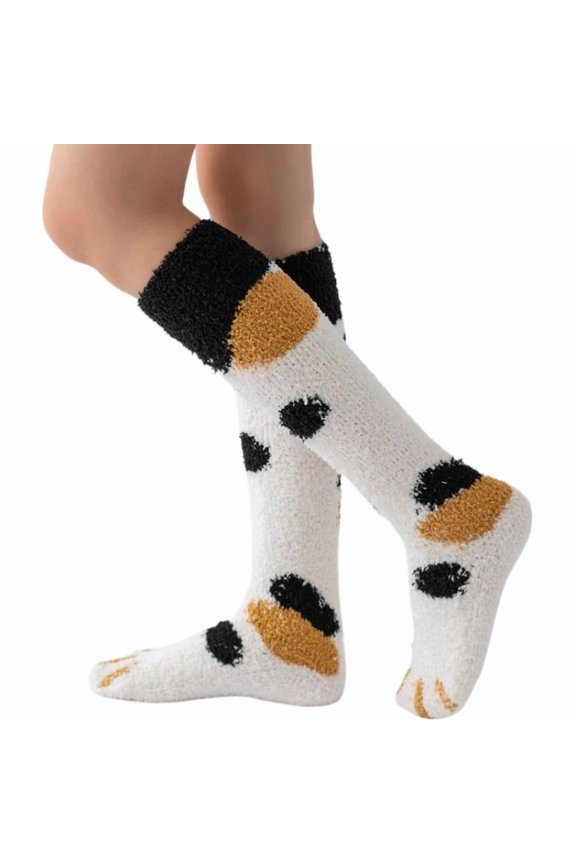 Polyester Fuzzy Cat Paw Calf Socks for Women: Warm, Comfortable and Non-Slip for Home, Office or On-the-Go