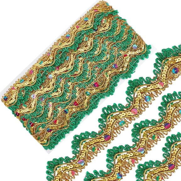 Polyester Glitter Ribbon Ethnic Style with Paillette/Sequin Flat with Wavy Green 1-3/8 inch(33.5x2mm) about 9.30 Yards(8.5m)/Card