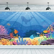 Polyester Hanging Banner Sign Rectangle with Word Party Decoration Supplies Celebration Backdrop Ocean Themed Pattern Colorful 110x185cm