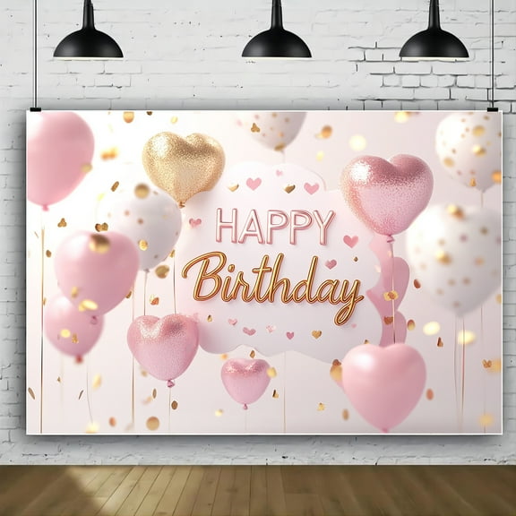 Polyester Happy Birthday Banner with Pink and Golden Balloons,Versatile Backdrop for Birthday, Wedding, Anniversary, and Special Events Decoration