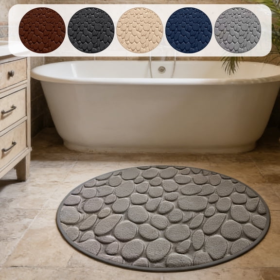 Polyester Holiday Carpet 80cm Round Pebble Bath Mat Black Memory Foam Super Absorbent Non-Slip Washable Bathroom Rug(1Pcs) JASKFLY