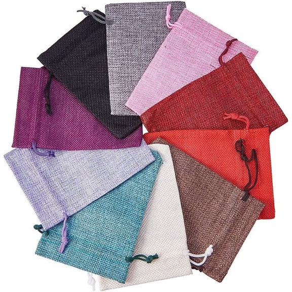 Polyester Imitation Burlap Packing Pouches Drawstring Bags Mixed Color 14x10cm