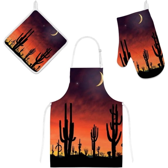 Polyester Insulation Kitchen Oven Mitts Potholder Apron 3Pcs Set Cactus Sunset Non Slip Heat Resistant Gloves for Baking Cooking BBQ