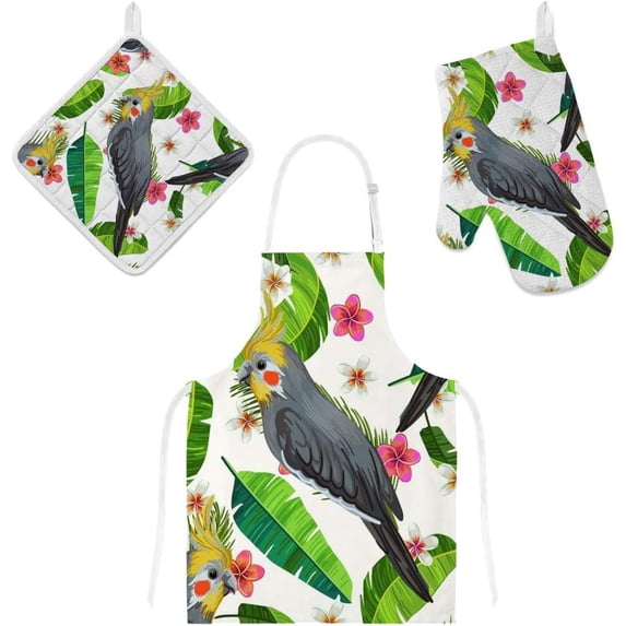 Polyester Insulation Kitchen Oven Mitts Potholder Apron 3Pcs Set Cockatiel Palm Leaves Non Slip Heat Resistant Gloves for Baking Cooking BBQ