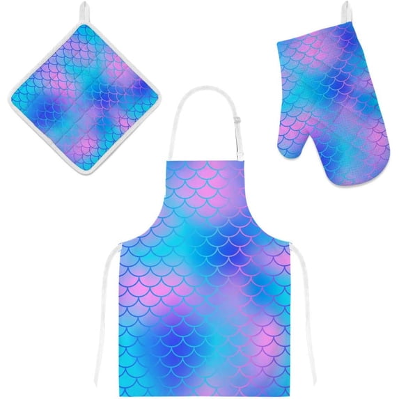 Polyester Insulation Kitchen Oven Mitts Potholder Apron 3Pcs Set Cool Color Magic Mermaid Tail Non Slip Heat Resistant Gloves for Baking Cooking BBQ