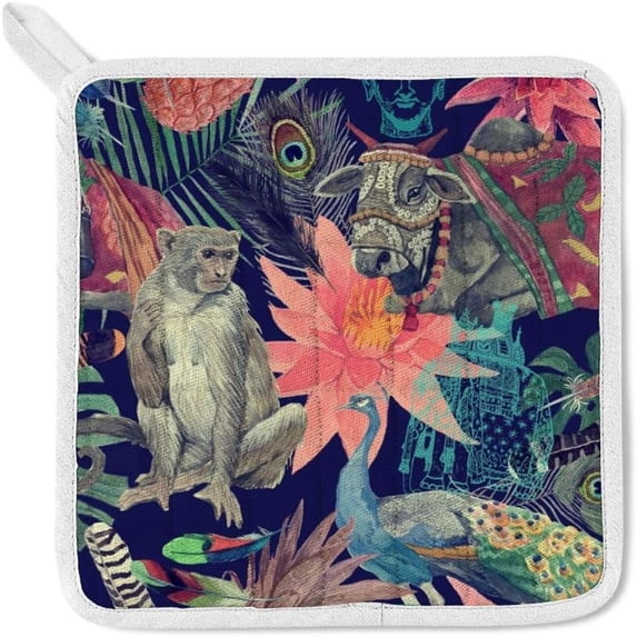 Polyester Insulation Kitchen Oven Mitts Potholder Apron 3Pcs Set Cow Monkeys Peacock Exotic Feathers Non Slip Heat Resistant Gloves for Baking Cooking BBQ