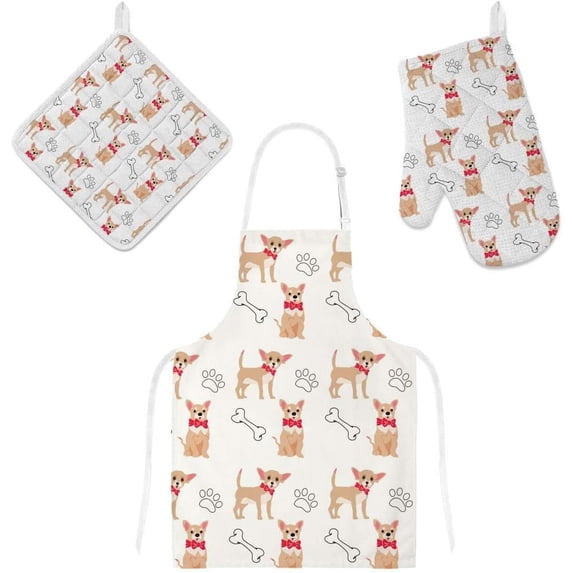 Polyester Insulation Kitchen Oven Mitts Potholder Apron 3Pcs Set Cute Dogs and Bones Paws Non Slip Heat Resistant Gloves for Baking Cooking BBQ