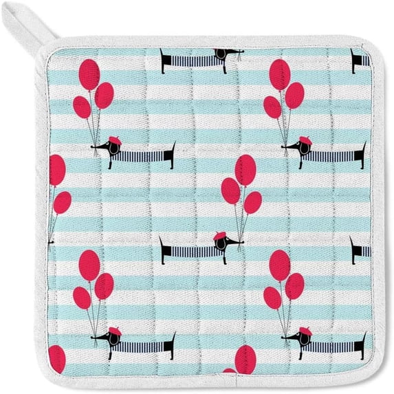 Polyester Insulation Kitchen Oven Mitts Potholder Apron 3Pcs Set Dachshund Holding Balloons Non Slip Heat Resistant Gloves for Baking Cooking BBQ