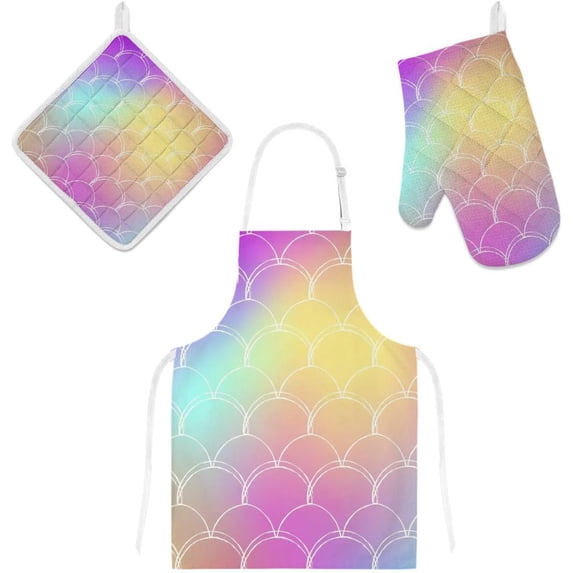 Polyester Insulation Kitchen Oven Mitts Potholder Apron 3Pcs Set Fish Skin On Trendy Gradient Non Slip Heat Resistant Gloves for Baking Cooking BBQ