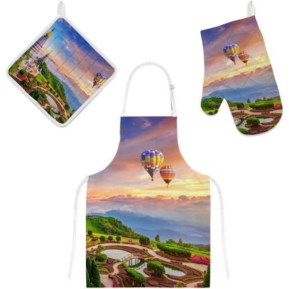 Polyester Insulation Kitchen Oven Mitts Potholder Apron 3Pcs Set Inthanon National Park with Balloon Non Slip Heat Resistant Gloves for Baking Cooking BBQ