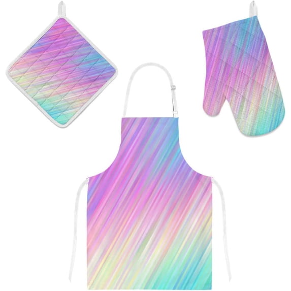 Polyester Insulation Kitchen Oven Mitts Potholder Apron 3Pcs Set Pastel Rainbow Shiny Lines Non Slip Heat Resistant Gloves for Baking Cooking BBQ