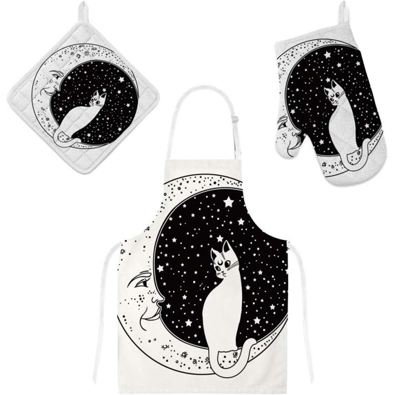 Polyester Insulation Kitchen Oven Mitts Potholder Apron 3Pcs Set The Cat On The Moon Non Slip Heat Resistant Gloves for Baking Cooking BBQ