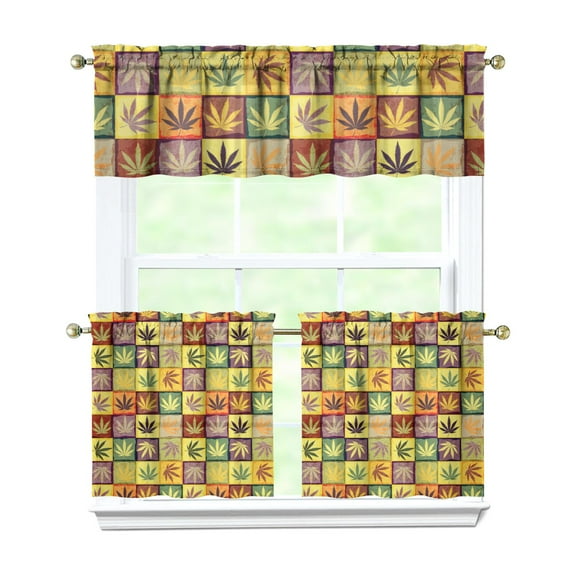 Polyester Kitchen Curtains 27.5x24in Set of 3, Bamboo and Maple Leaf Theme Tier Drapes with Valance for Small Windows in Bathroom, Cottage, Laundry, or Tiny Homes
