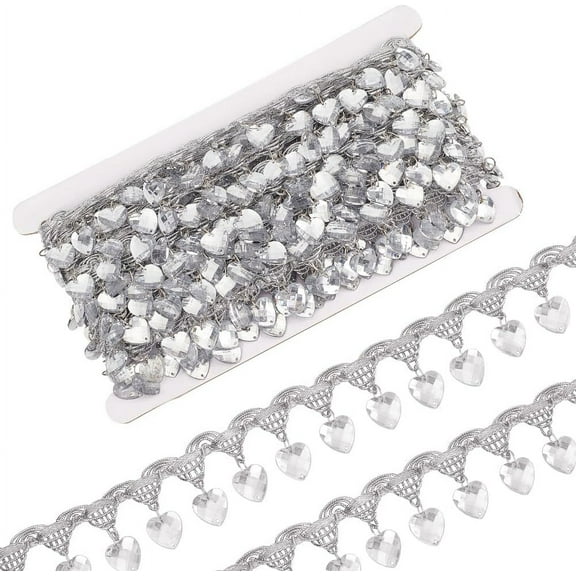 Polyester Lace Ribbon with Plastic Charms Tassel Wave Edge Lace Trim Clothes Accessories Silver Heart 1-3/8 inch(35mm)