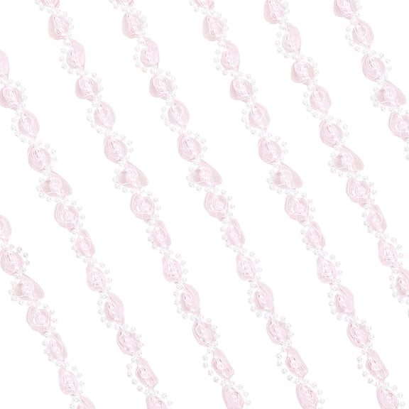 Polyester Lace Ribbon with Plastic Pearl Pink 3/8~1/2 inch(11~13mm)