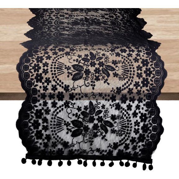 Polyester Lace Table Runner for Dining Table Rectangle with Flower Pattern Black 470x1920x0.5mm