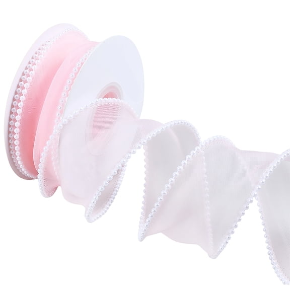 Polyester Lace Trim with Pearls Pink 1-5/8 inch(40mm) 5.00 Yards(4.57m)/Roll