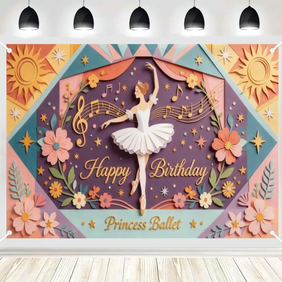 Polyester Layered Paper Art Ballerina Birthday Backdrop, Musical Note Party Photo Background 3x5ft
