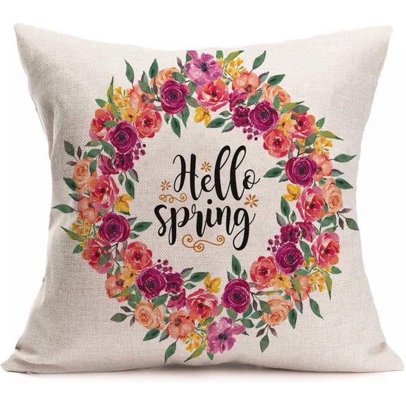 Polyester Linen Home Decor Pillowcase Throw Pillow Cushion Cover 18 x 18 Inches Inspirational Words with Beautiful Flowers/Leaves (Hello Spring with Floral Wreath)