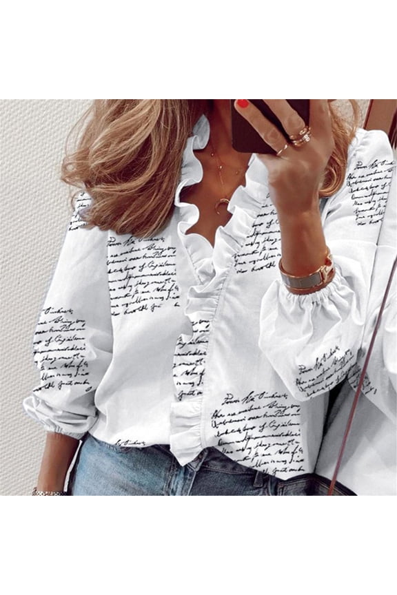 Polyester Long Sleeve Dress Shirts for Women Black Workwear Solid Color Work Women's Summer Ruffle V-Neck Short Print Casual Dressy T-Shirt Top L