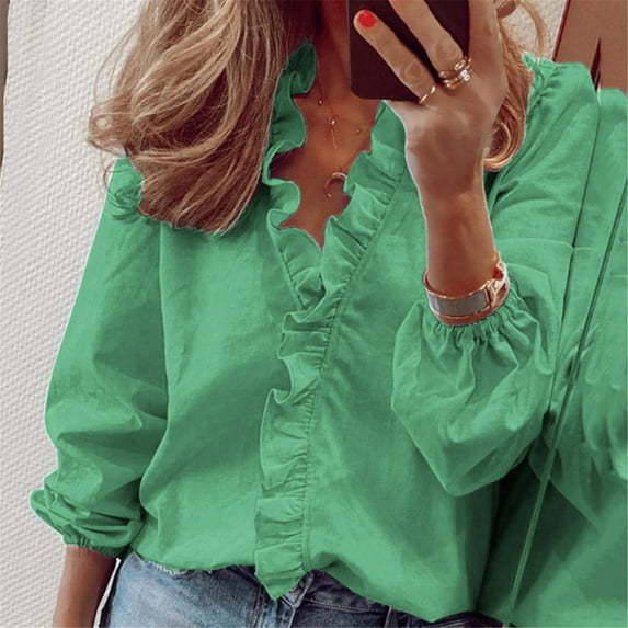 Polyester Long Sleeve Dress Shirts for Women Green Workwear Solid Color Work Women's Summer Ruffle V-Neck Short Print Casual Dressy T-Shirt Top M