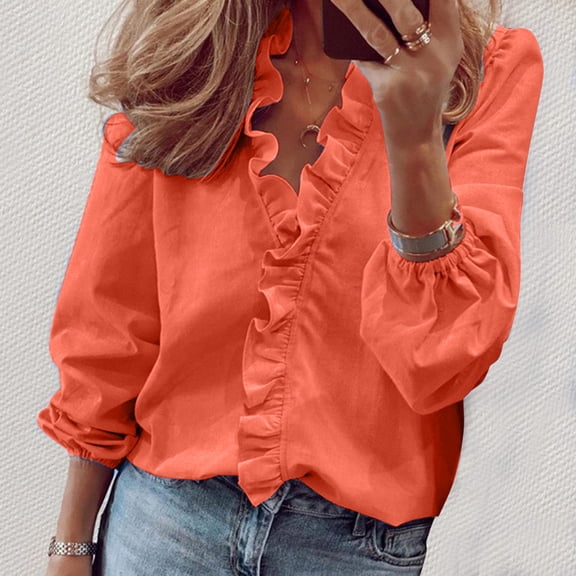 Polyester Long Sleeve Dress Shirts for Women Orange Workwear Solid Color Work Women's Summer Ruffle V-Neck Short Print Casual Dressy T-Shirt Top M