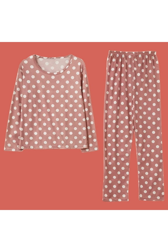 Polyester Long Sleeve Spandex Pajamas for Women Pink Sleepwear Polka Dot Pajama Set Print Cotton Tops Pants Trouser L