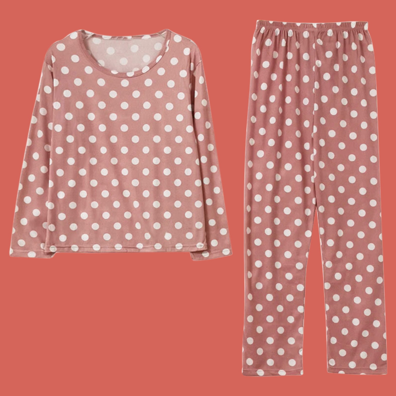Polyester Long Sleeve Spandex Pajamas for Women Pink Sleepwear Polka Dot Pajama Set Print Cotton